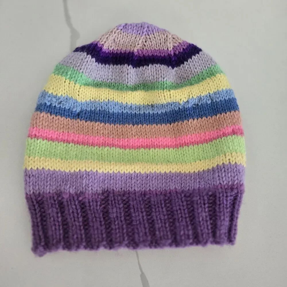 Hand Knitted Crochet Beanie in Blue and Cream Hat Women's Girls New